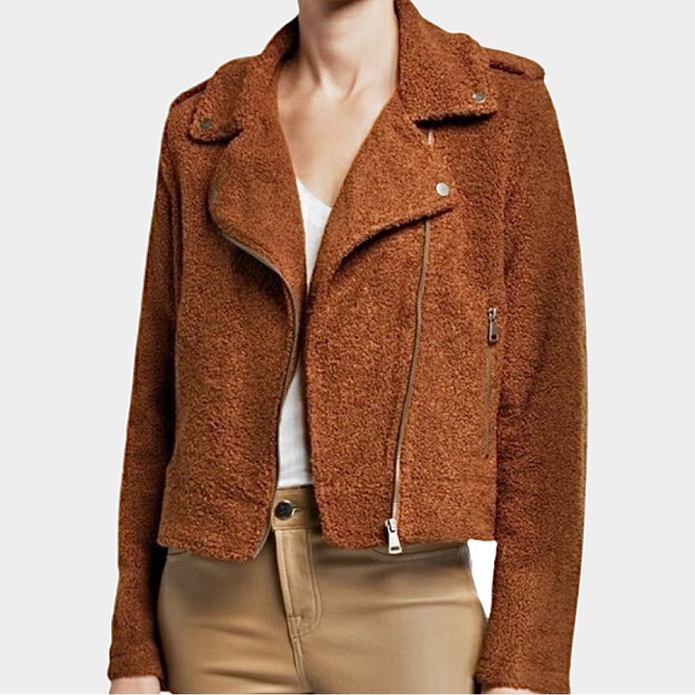 Max Studio Fuzzy Furry Teddy Sherpa Faux Fur Crop Moto Motorcycle Biker Jacket